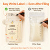 Write-on label placed above zipper for easy labelling of baby name, date, time and volume even after filling