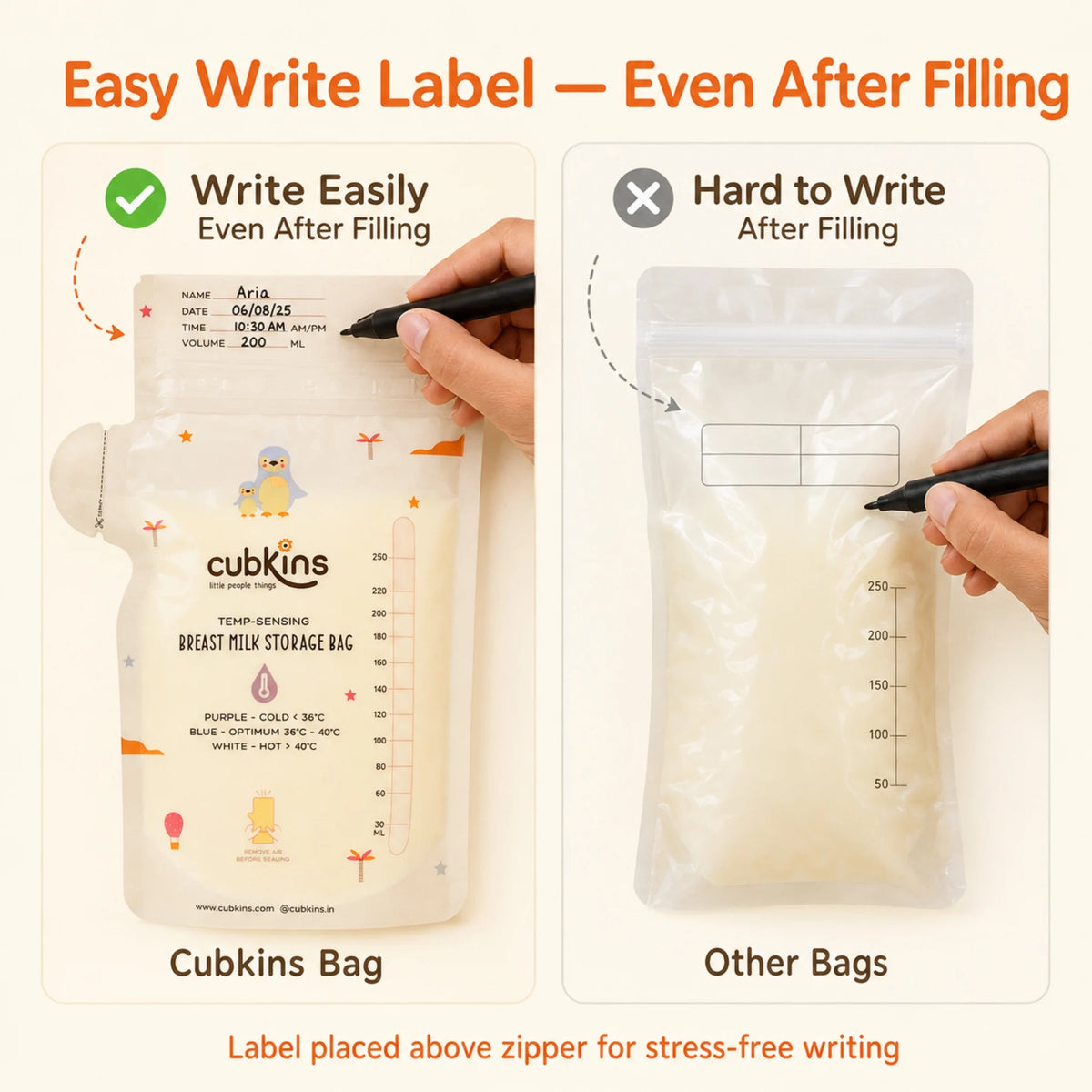 Write-on label placed above zipper for easy labelling of baby name, date, time and volume even after filling