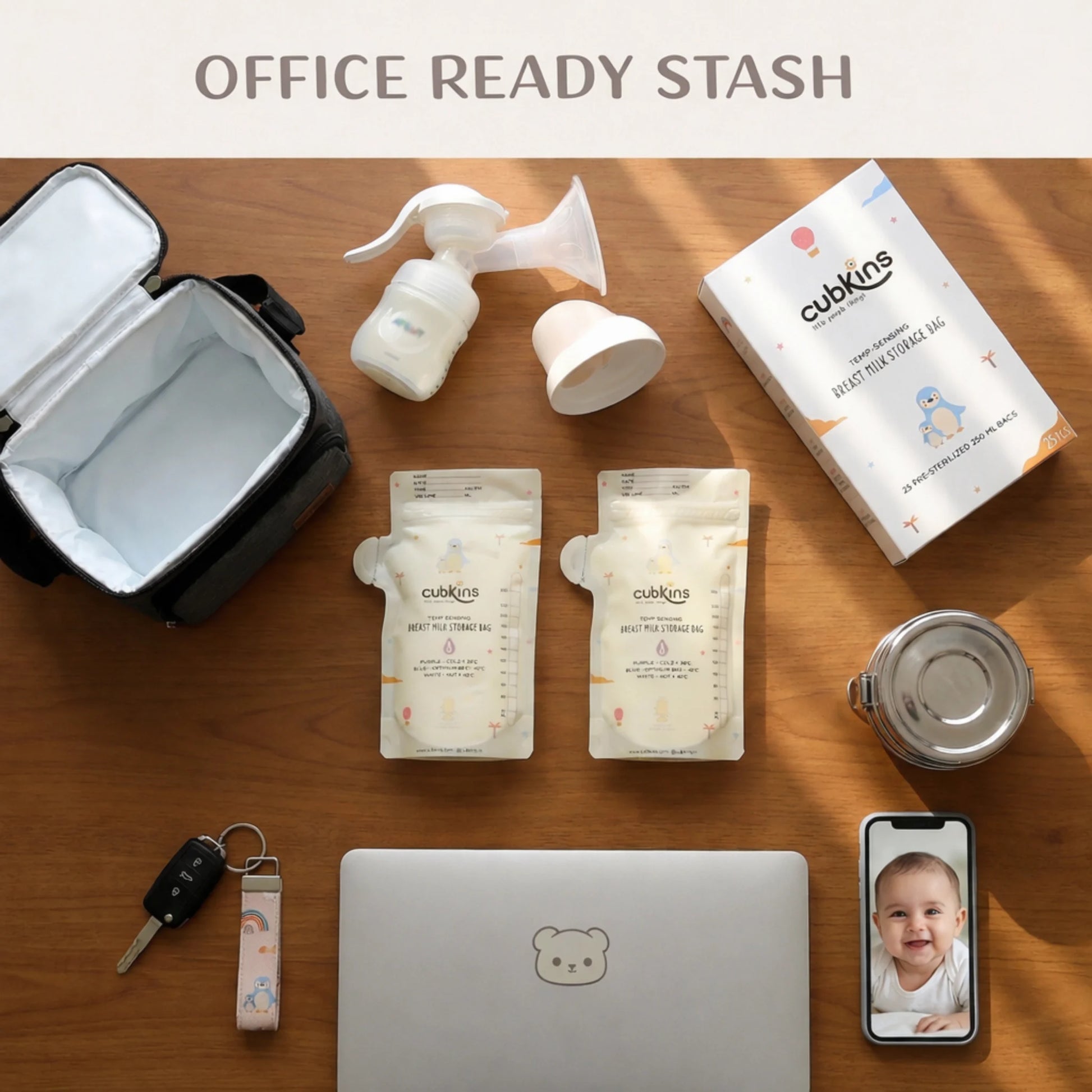 Cubkins Breast Milk Storage Bags Next to Breast Pump and Laptop – Perfect for Working Moms