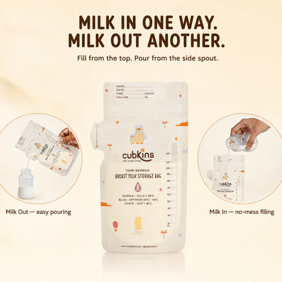 One-way breast milk storage bag with separate fill zipper and tear-away side pour spout