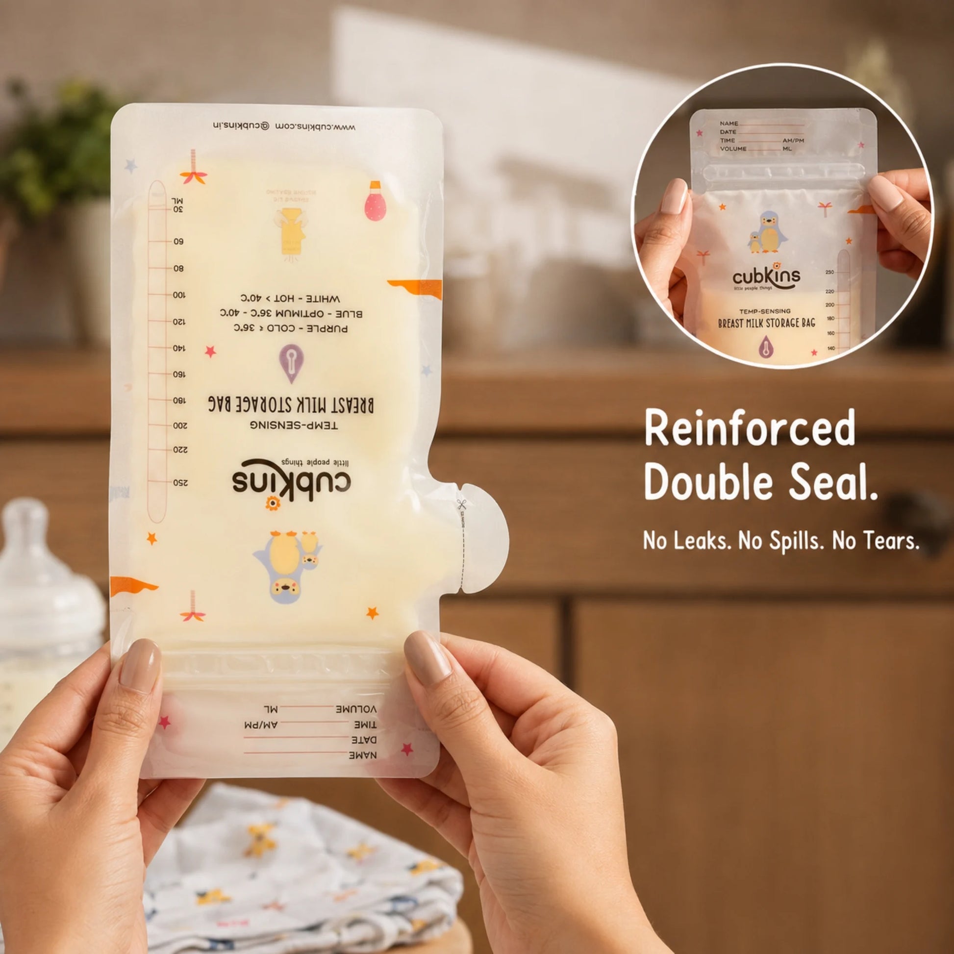 Leak-resistant breast milk storage bag held upside down showing reinforced double-seal dual-track zipper.