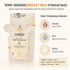 Breast milk bag temperature indicator colours: purple cold below 36°C, blue ready to feed 36–40°C, white too hot above 40°C