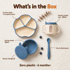 What's in the Cubkins Blue Olive feeding set of 4: 4-compartment suction plate, 300ml suction bowl, bunny storage lid, 200ml sensory straw cup and Smart-Bend spoon