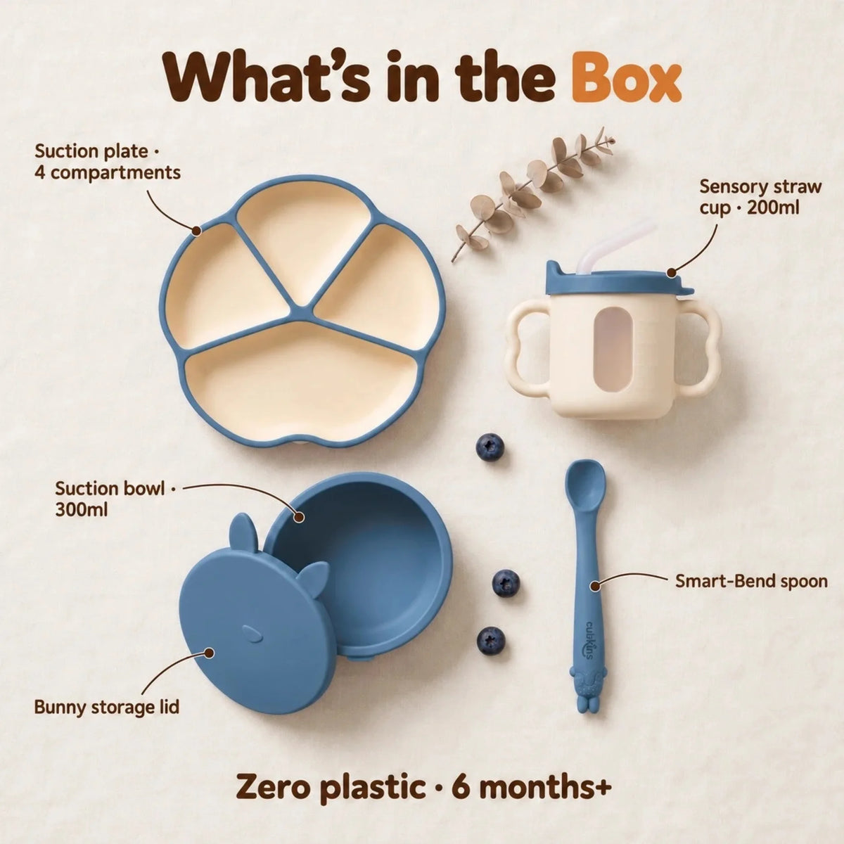 What's in the Cubkins Blue Olive feeding set of 4: 4-compartment suction plate, 300ml suction bowl, bunny storage lid, 200ml sensory straw cup and Smart-Bend spoon