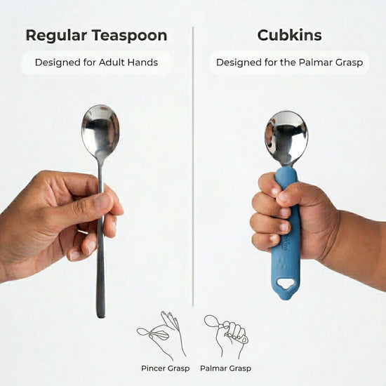 Side-by-side comparison of a regular teaspoon held with a pincer grasp versus the Cubkins blue spoon held with a child's palmar grasp