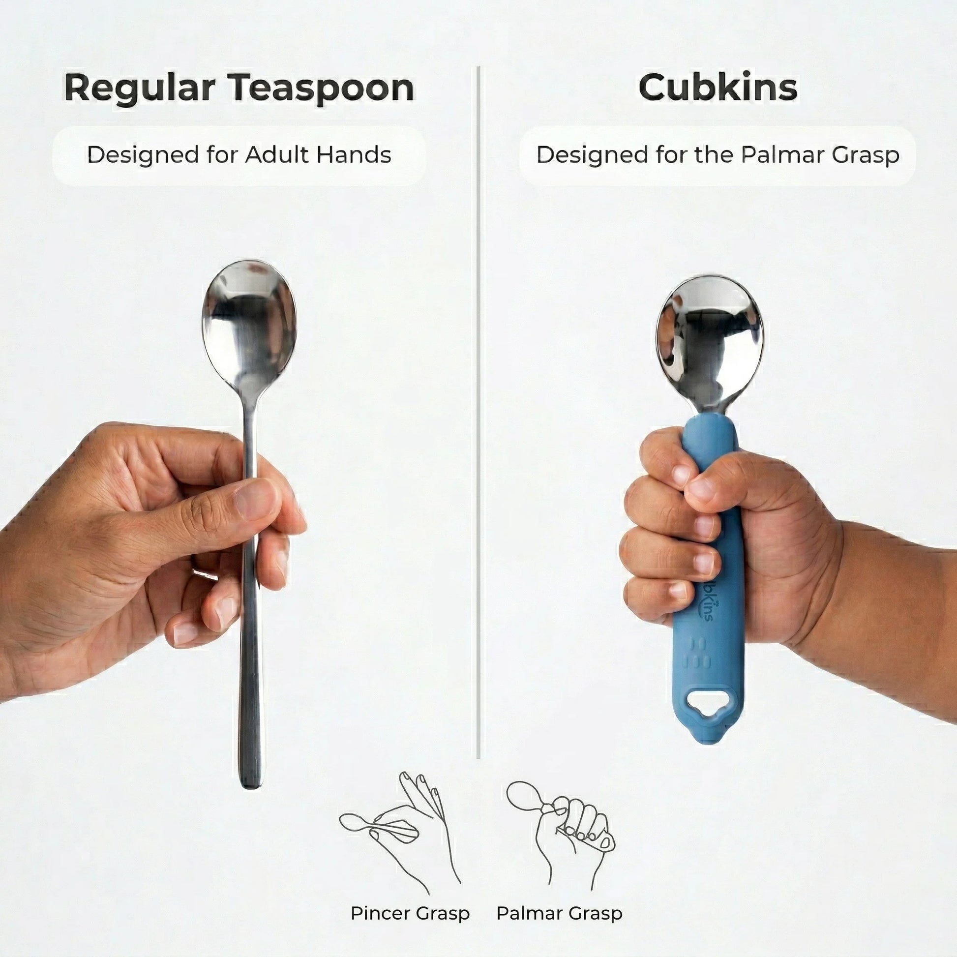 Side-by-side comparison of a regular teaspoon held with a pincer grasp versus the Cubkins blue spoon held with a child's palmar grasp