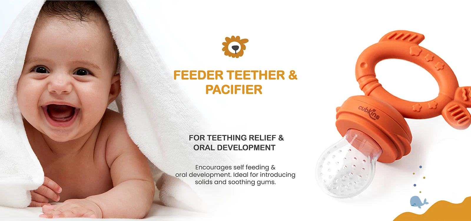 Cubkins feeder teether and pacifier for babies, designed for teething relief, self feeding and oral development