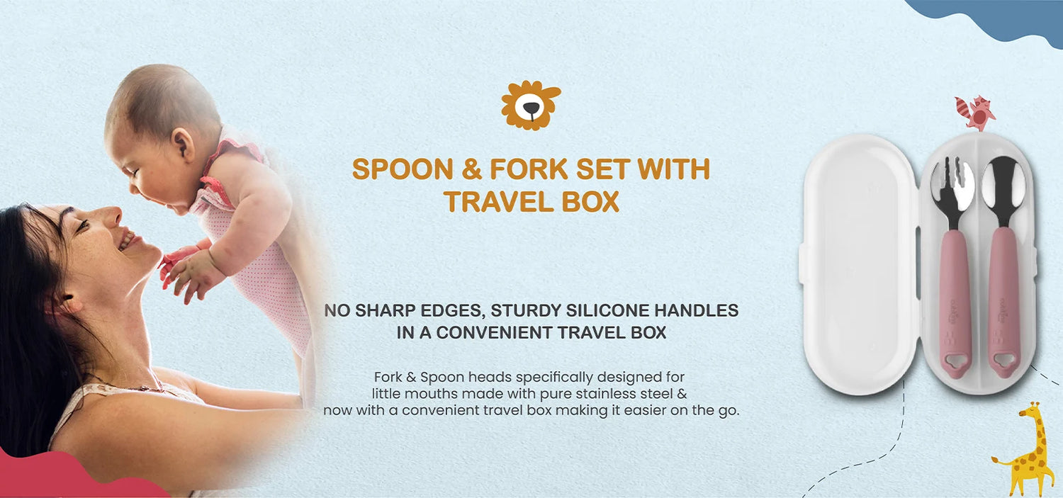 Cubkins Stainless Steel Spoon and Fork Set with pink silicone handles and a transparent travel storage box.