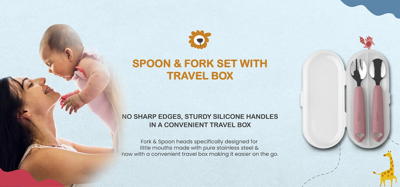 Cubkins Stainless Steel Spoon and Fork Set with pink silicone handles and a transparent travel storage box.