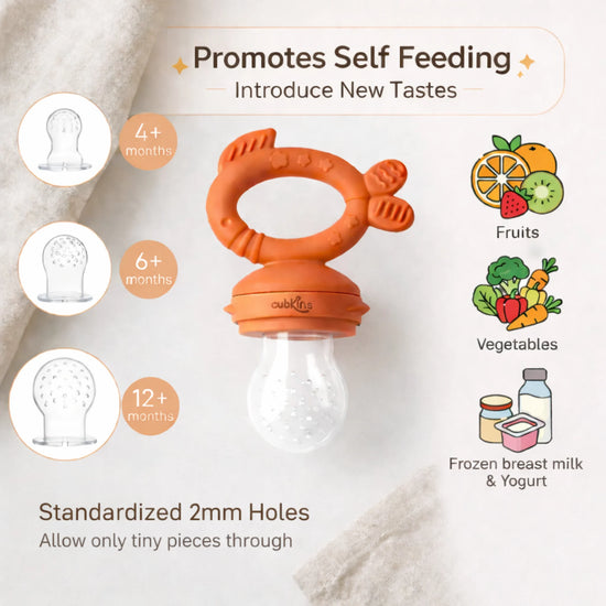 Cubkins silicone fruit feeder shown with small, medium, and large sacs suitable for fresh fruits, vegetables, and frozen breast milk from 4 months to 12 months+