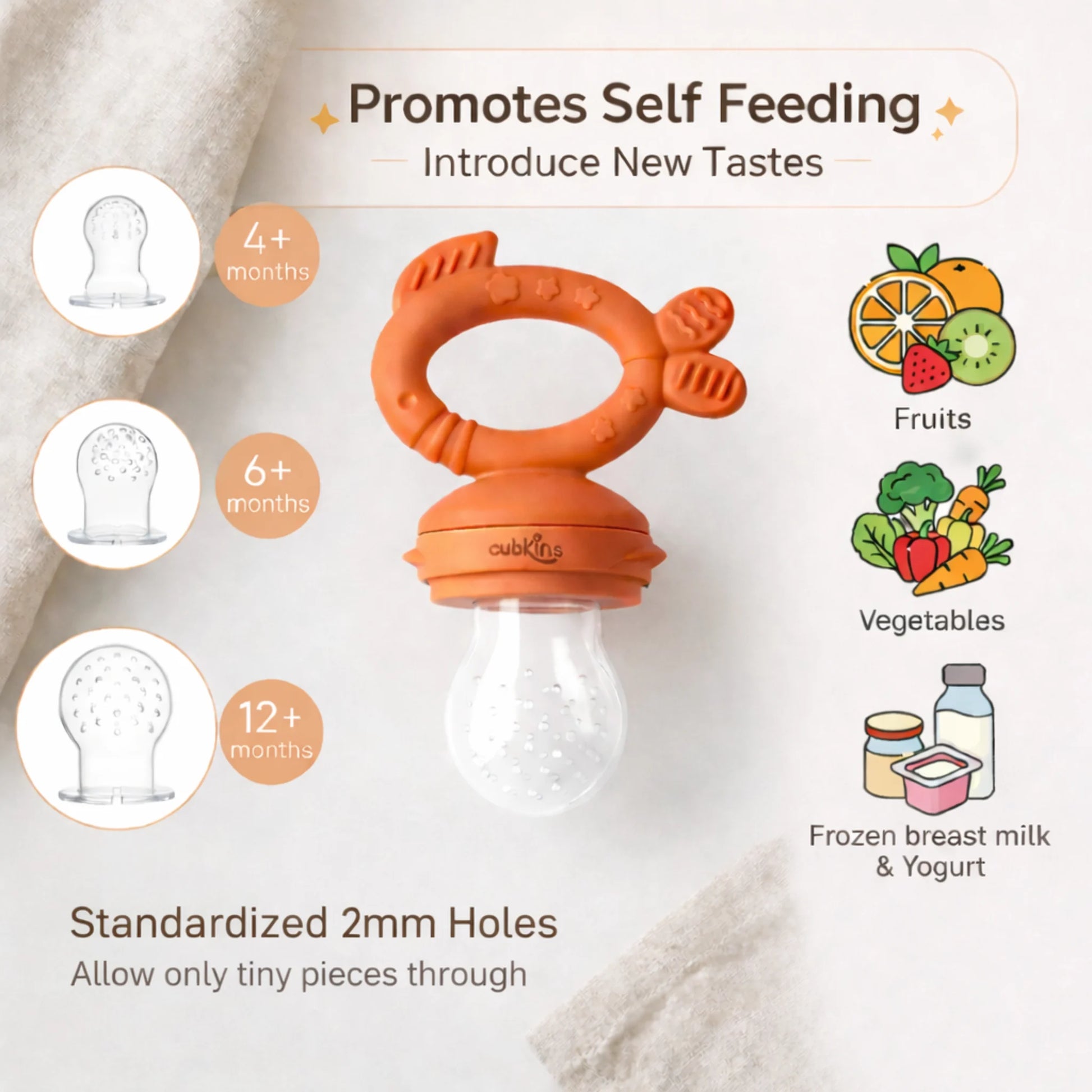 Cubkins silicone fruit feeder shown with small, medium, and large sacs suitable for fresh fruits, vegetables, and frozen breast milk from 4 months to 12 months+
