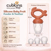 Cubkins silicone baby fruit feeder dimensions 12cm by 4cm with safety callouts – BPA free, PVC free, phthalate free, and lead free