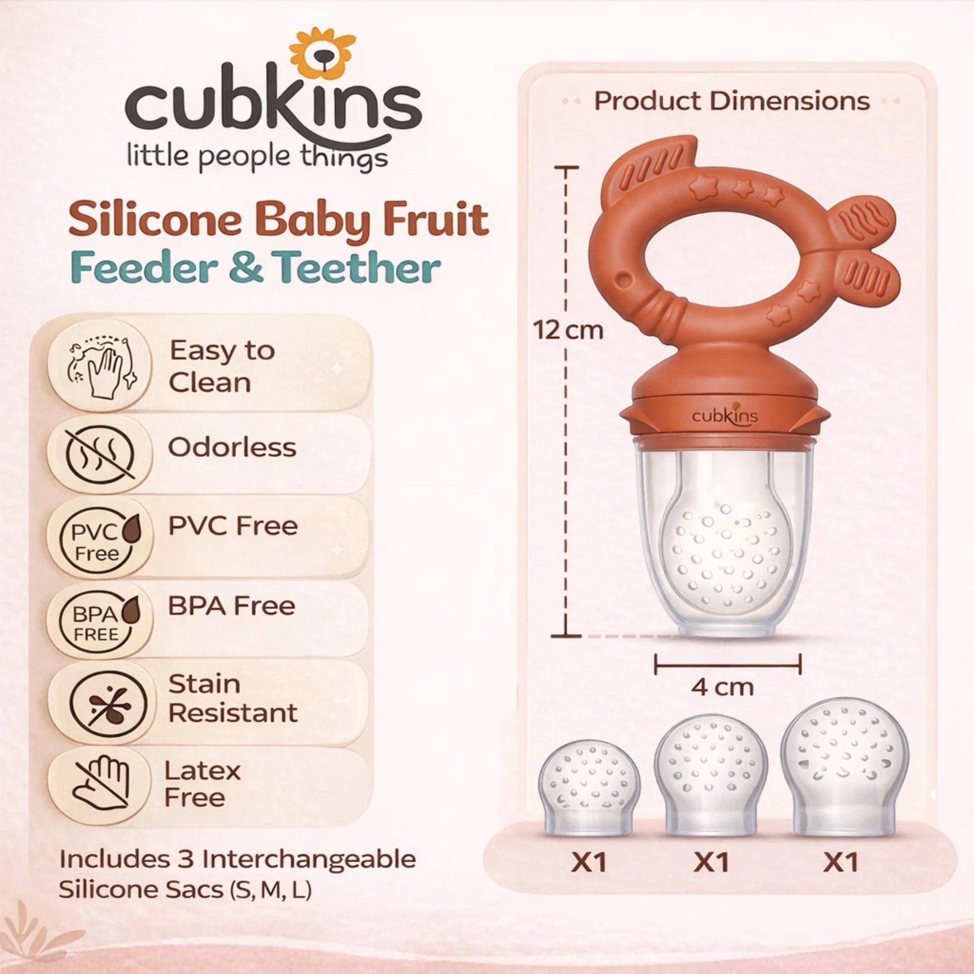 Cubkins silicone baby fruit feeder dimensions 12cm by 4cm with safety callouts – BPA free, PVC free, phthalate free, and lead free