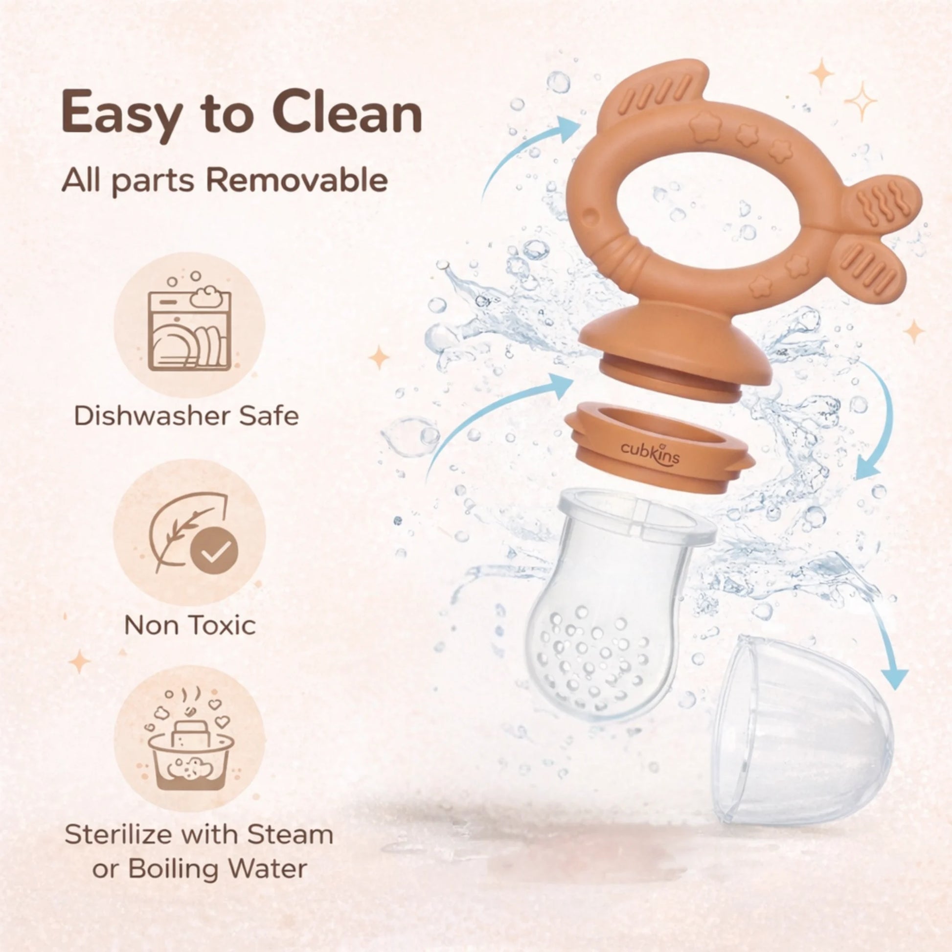 Exploded parts view of the Cubkins silicone fruit feeder showing the handle, lock, and silicone sac – all dishwasher safe and steam sterilizer safe