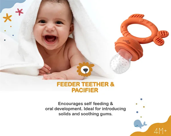 Cubkins feeder teether and pacifier for babies, designed for teething relief, self feeding and oral development
