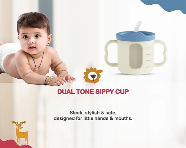 Cubkins Dual Tone Sippy Cup with contoured handles and transparent markings, made of 100% food-grade silicone.