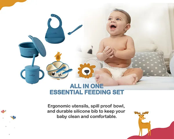 Cubkins All-in-One Essential Feeding Set featuring a silicone bib, suction bowl, divided plate, and ergonomic utensils.