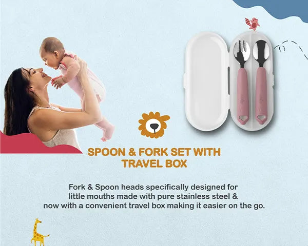 Cubkins Stainless Steel Spoon and Fork Set with pink silicone handles and a transparent travel storage box.
