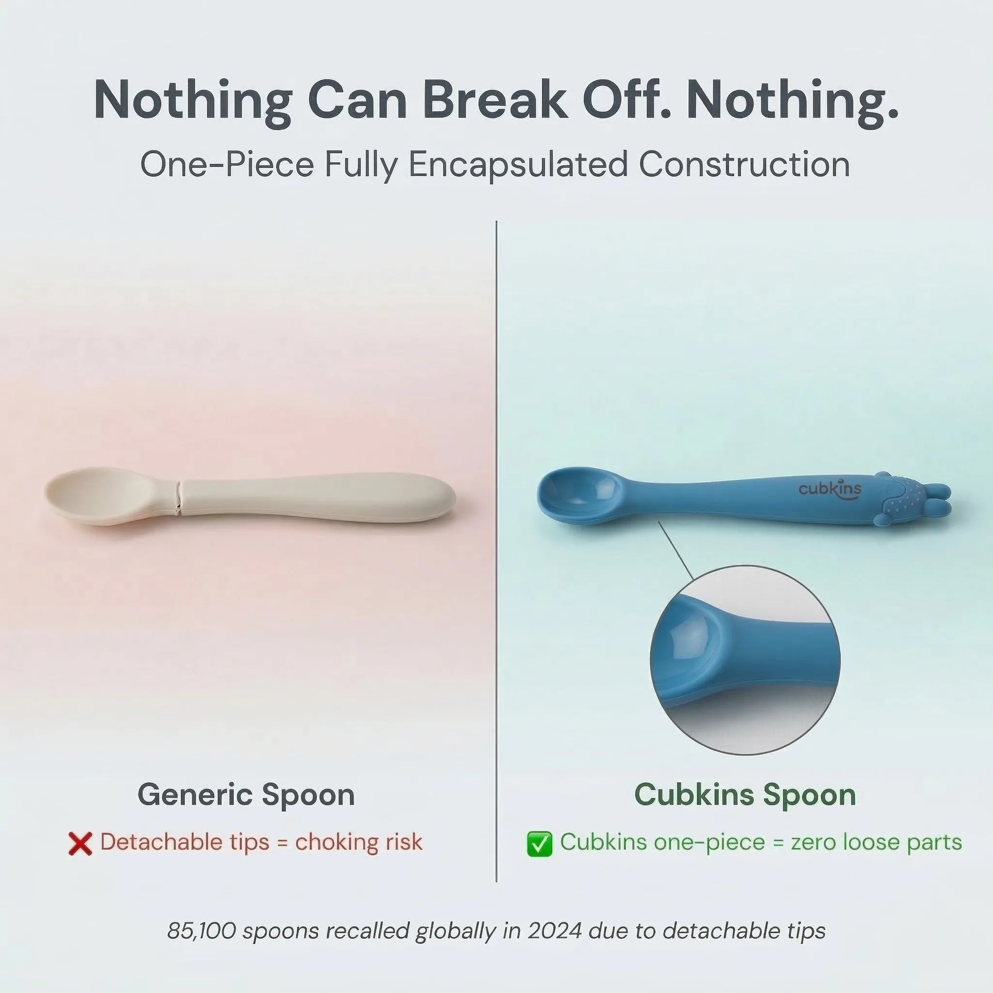 Comparison of a generic baby spoon with detachable tip choking hazard versus the Cubkins blue one-piece fully encapsulated silicone spoon with zero loose parts