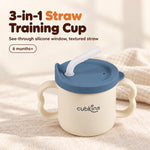 Cubkins 3-in-1 silicone straw training cup with a blue olive lid, cream body and frosted textured straw, for 6 months+