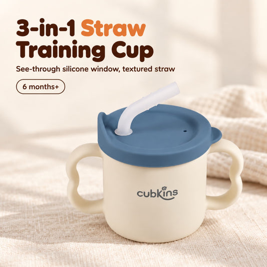Cubkins 3-in-1 silicone straw training cup with a blue olive lid, cream body and frosted textured straw, for 6 months+