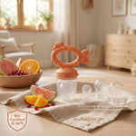 Cubkins 100% silicone baby fruit feeder and teether in orange with 3 interchangeable sacs (one fitted) and fresh fruit – BIS certified IS 9873, zero plastic contact