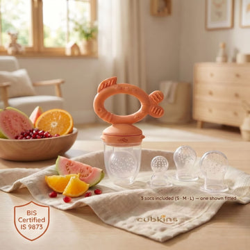 Cubkins 100% silicone baby fruit feeder and teether in orange with 3 interchangeable sacs (one fitted) and fresh fruit – BIS certified IS 9873, zero plastic contact