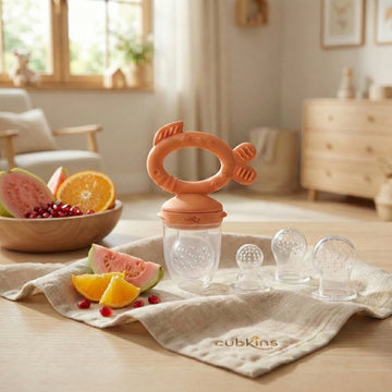Cubkins 100% silicone baby fruit feeder and teether in orange with 3 interchangeable sacs and fresh fruit – BIS certified, zero plastic