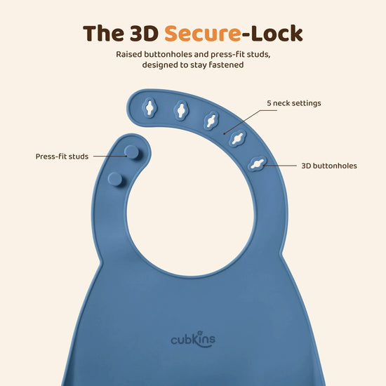 Close-up of the Cubkins blue olive silicone bib neck straps: five raised 3D buttonholes on one strap and two press-fit silicone studs on the other