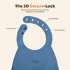 Close-up of the Cubkins blue olive silicone bib neck straps: five raised 3D buttonholes on one strap and two press-fit silicone studs on the other
