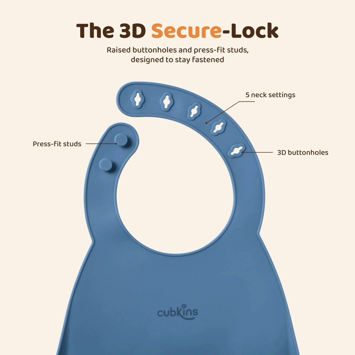 Close-up of the Cubkins blue olive silicone bib neck straps: five raised 3D buttonholes on one strap and two press-fit silicone studs on the other