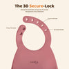 Close-up of the Cubkins raspberry silicone bib neck straps: five raised 3D buttonholes on one strap and two press-fit silicone studs on the other