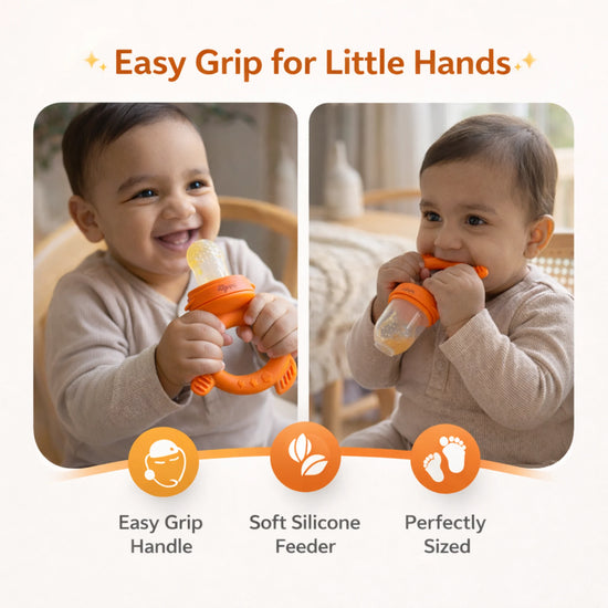 Baby gripping and chewing on the Cubkins silicone fruit feeder with ergonomic easy-grip handle designed for small hands