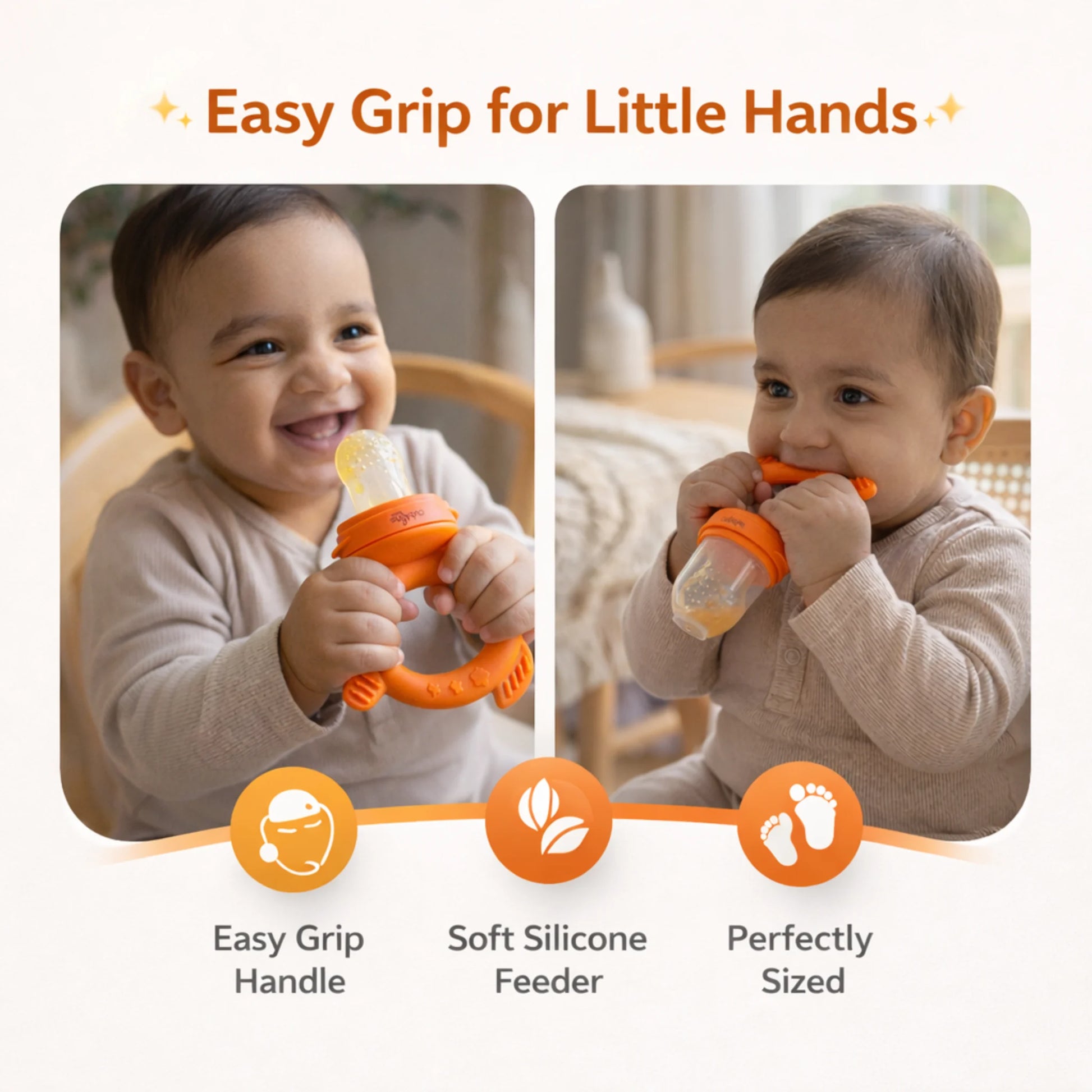 Baby gripping and chewing on the Cubkins silicone fruit feeder with ergonomic easy-grip handle designed for small hands