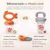 Side-by-side comparison of Cubkins food-grade silicone tension-snap lock versus a standard plastic lock that can crack or splinter