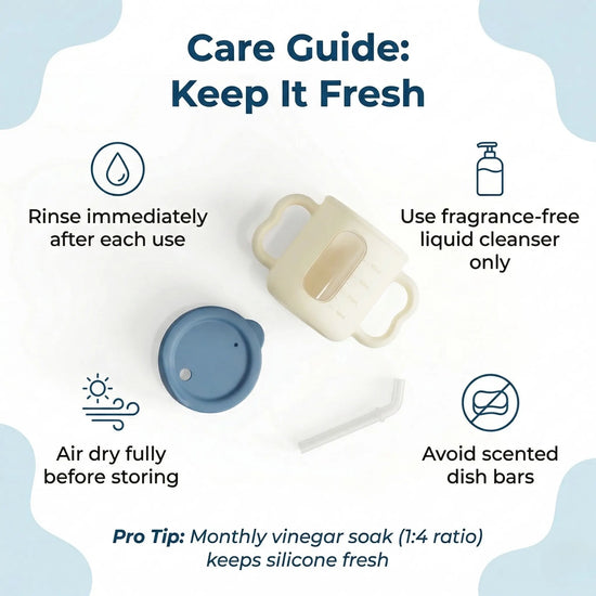Care guide infographic for the Cubkins blue silicone straw training cup showing disassembled cup, lid, and straw with instructions to rinse after each use, use fragrance-free liquid cleanser only, air dry fully before storing, avoid scented dish bars, and a pro tip to do a monthly vinegar soak at a 1 to 4 ratio to keep silicone fresh