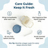 Care guide infographic for the Cubkins blue silicone straw training cup showing disassembled cup, lid, and straw with instructions to rinse after each use, use fragrance-free liquid cleanser only, air dry fully before storing, avoid scented dish bars, and a pro tip to do a monthly vinegar soak at a 1 to 4 ratio to keep silicone fresh