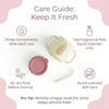 Care guide infographic for the Cubkins raspberry pink silicone straw training cup showing disassembled cup, lid, and straw with instructions to rinse after each use, use fragrance-free liquid cleanser only, air dry fully before storing, avoid scented dish bars, and a pro tip to do a monthly vinegar soak at a 1 to 4 ratio to keep silicone fresh