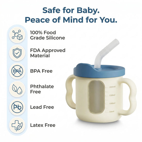 Cubkins blue silicone straw training cup with safety badges listing 100 percent food grade silicone, FDA approved material, BPA free, phthalate free, lead free, and latex free