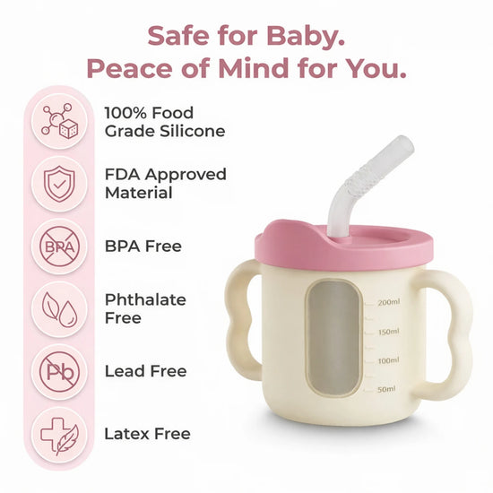 Cubkins raspberry pink silicone straw training cup with safety badges listing 100 percent food grade silicone, FDA approved material, BPA free, phthalate free, lead free, and latex free