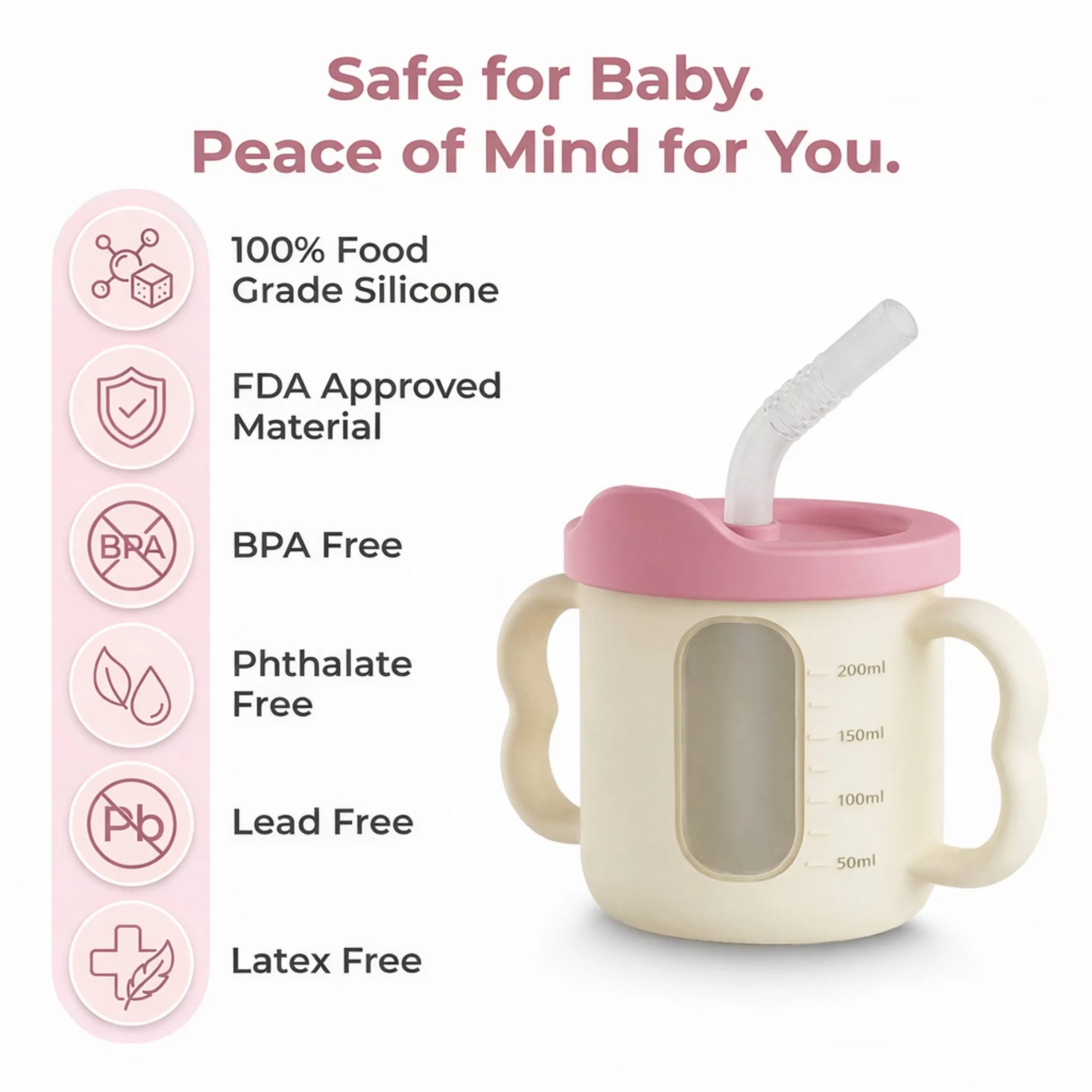 Cubkins raspberry pink silicone straw training cup with safety badges listing 100 percent food grade silicone, FDA approved material, BPA free, phthalate free, lead free, and latex free