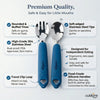 Product feature callout image for Cubkins blue toddler cutlery highlighting rounded tines, 304 stainless steel, food-grade silicone handles, travel clip loop, and soft-edged spoon tips