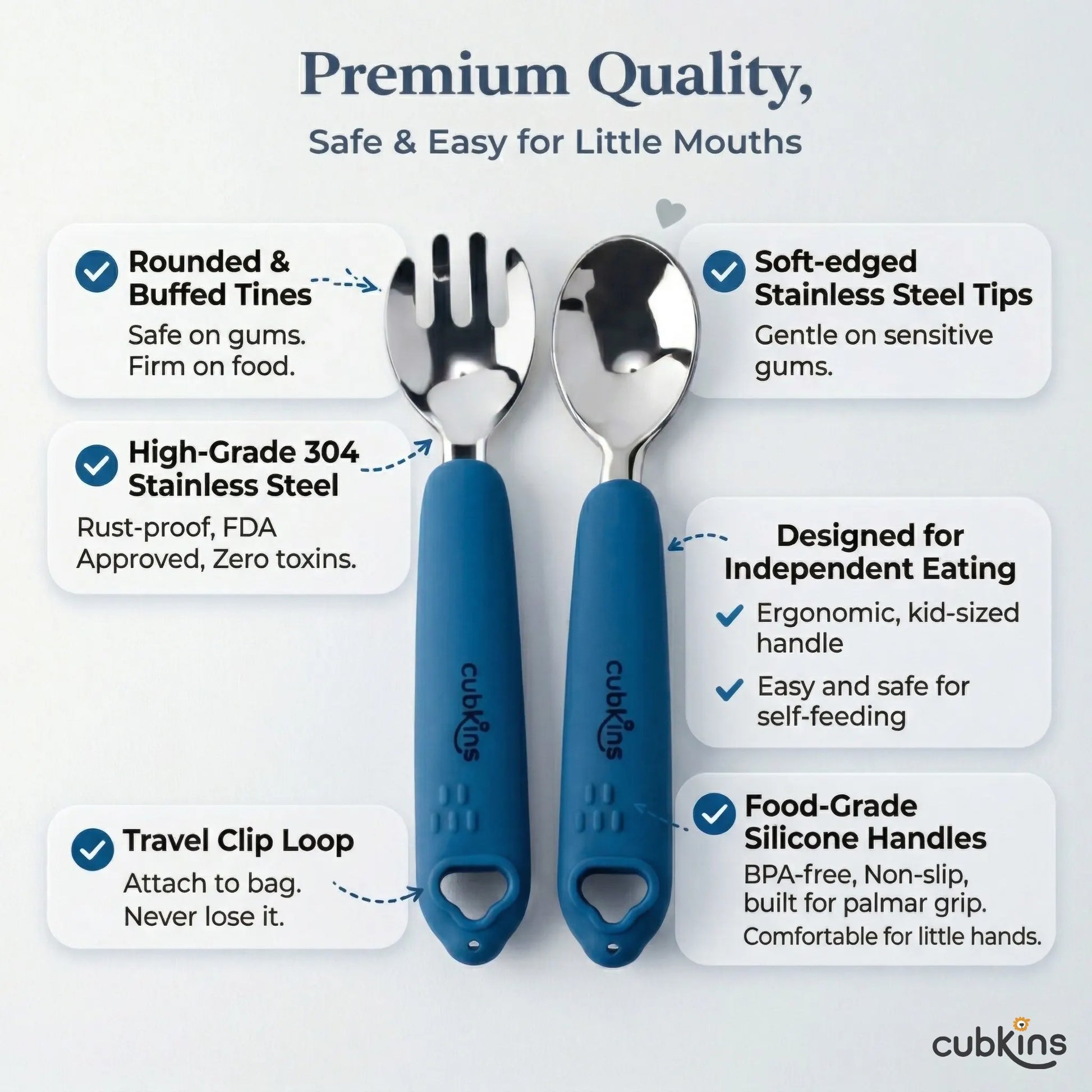 Product feature callout image for Cubkins blue toddler cutlery highlighting rounded tines, 304 stainless steel, food-grade silicone handles, travel clip loop, and soft-edged spoon tips