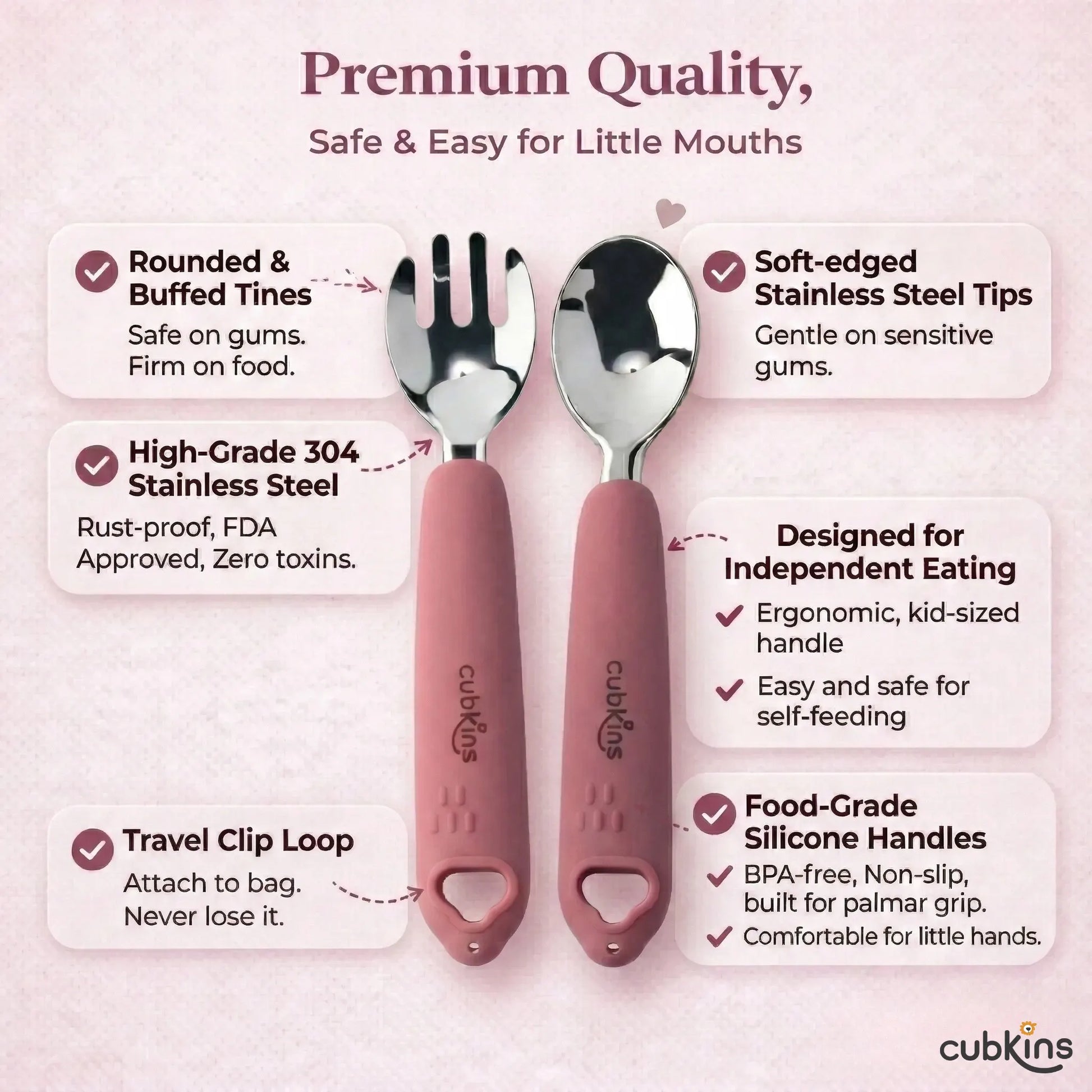 Product feature callout image for Cubkins raspberry toddler cutlery showing rounded buffed tines, BPA-free silicone handles, FDA-approved stainless steel, and ergonomic kid-sized design