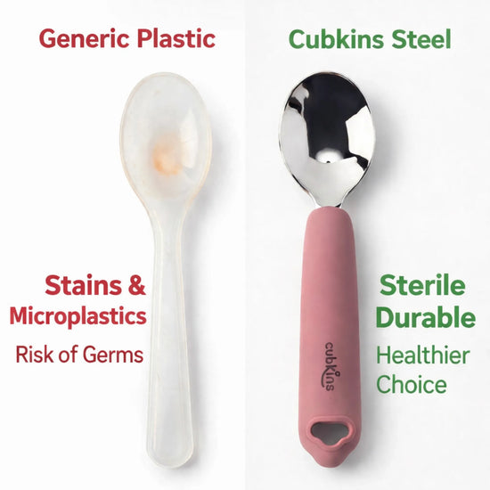 Side-by-side comparison of Cubkins stainless steel pink baby spoon and a yellowed, stained plastic baby spoon