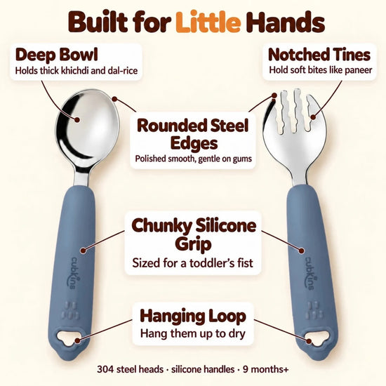 Cubkins blue olive 304 steel toddler spoon and fork: deep bowl, notched tines, rounded edges, chunky silicone grip and hanging loop
