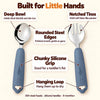 Cubkins blue olive 304 steel toddler spoon and fork: deep bowl, notched tines, rounded edges, chunky silicone grip and hanging loop