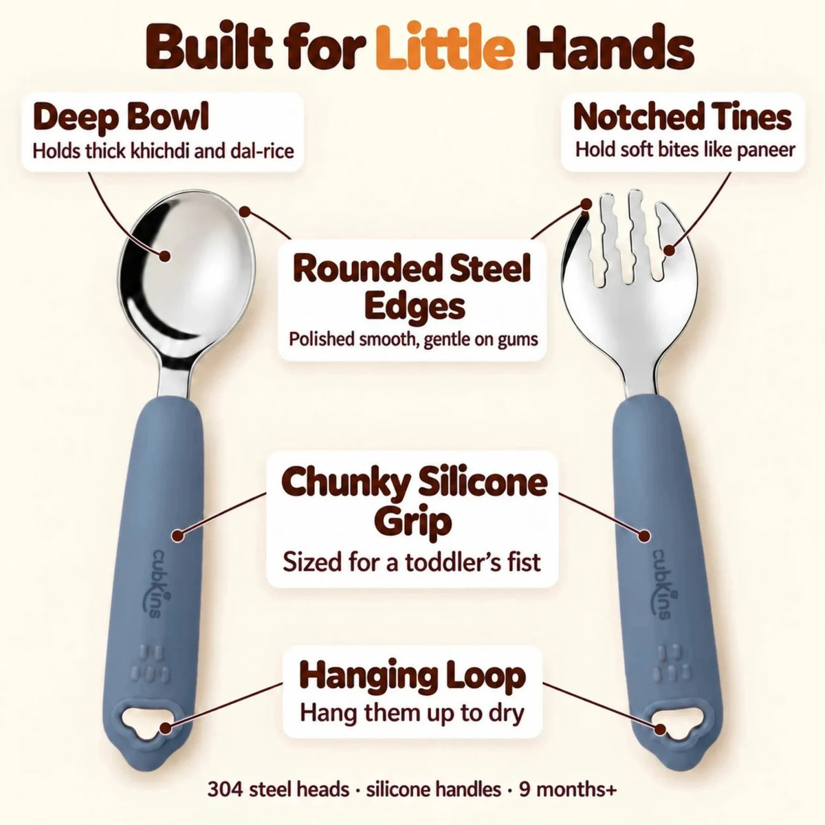 Cubkins blue olive 304 steel toddler spoon and fork: deep bowl, notched tines, rounded edges, chunky silicone grip and hanging loop