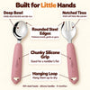 Cubkins raspberry 304 steel toddler spoon and fork: deep bowl, notched tines, rounded edges, chunky silicone grip and hanging loop