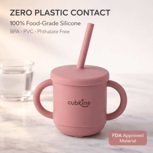 Cubkins silicone straw training cup in Raspberry with lid and straw – Zero Plastic Contact, 100% Food-Grade Silicone, BPA PVC Phthalate Free, FDA Approved